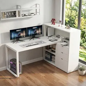 55" White L-Shaped Desk with Drawers, Corner Computer Desk & Nail Art Table, Built-in Power Outlets & USB Ports, RGB LED Lights, Storage Shelves & Bookshelf, Home Office Desk for Work & Decoration