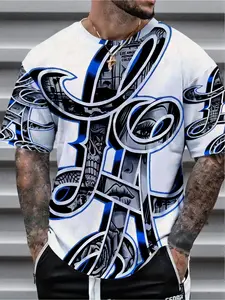 Men's Street Graffiti Dark Style Crew Neck Tee, White-Black-Blue With Graffiti Font & Skull Elements, Los Angeles Text, Trendy Street Style, Regular Fit For Casual & Streetwear