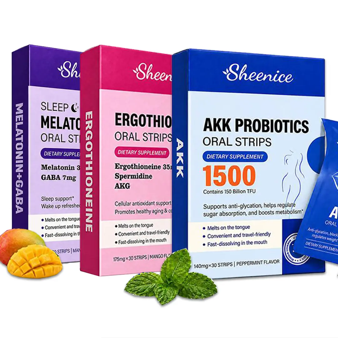 Sheenice 3 Pack Wellness Bundle: Melatonin GABA Sleep  Fast-Dissolving Strips, 35mg Ergothioneine Anti-Aging  Fast-Dissolving Strips & 15B CFU AKK Probiotics Gut Fast-Dissolving Strips, Mango & Peppermint Flavor, Gluten Free, 30 Strips Each