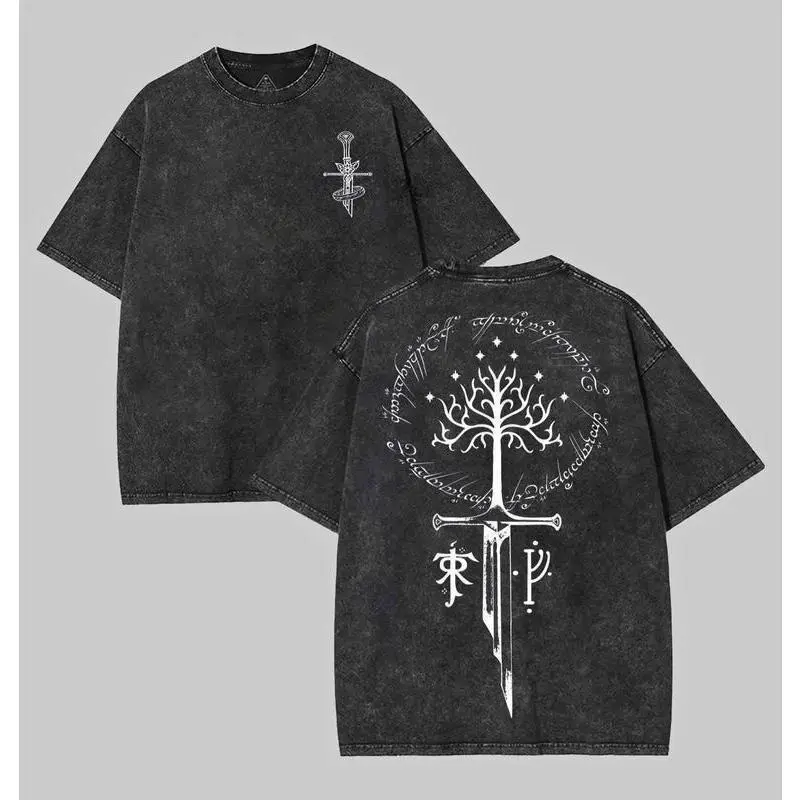 Men's Lord of the Rings Retro Graphic T-Shirt - Oversized 220gsm Heavyweight Cotton Short-Sleeve Distressed Streetwear Top, Tops, Tshirt, Heavy Weight, Round Neck, Thick Cotton, Print, Vintage, Menswear