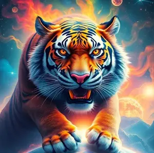 Tigerverse Poster Print 20x30 - Vibrant Tiger Design with Cosmic Elements Decoration Artistic Photo Wall Room Ornaments Decor