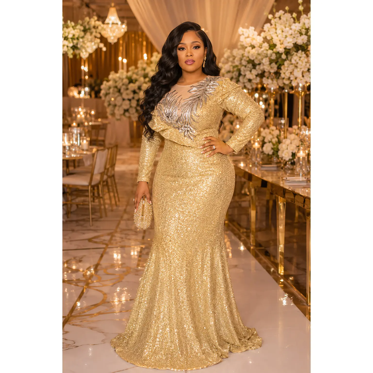 Plus Size Sparkly Gold Sequin Long Sleeve Mermaid Dress for Mother of The Bride Wedding Guest Birthday Party Dinner Cocktail