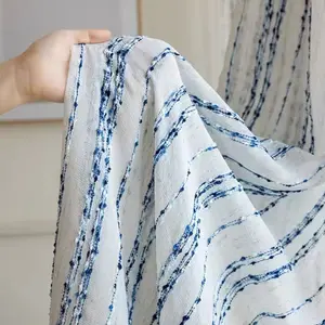 Japanese Linen Blue And White Grain Striped Cotton And Linen Curtains, Three-dimensional Texture, Light-transmitting Gauze Curtain