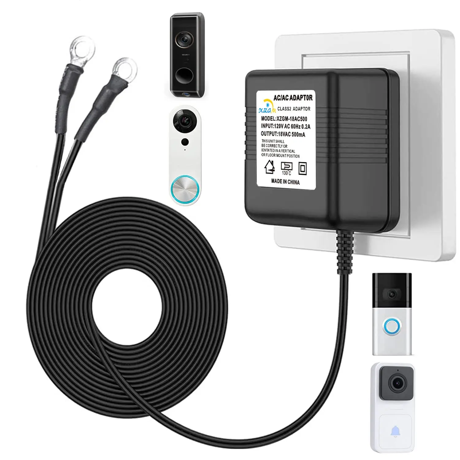 Black Video doorbell Special Power Transformer,18V500MA doorbell Power Adapter, Compatible with Ring, Nest, Eufy, , Arlo  Video doorbell (with 196in )