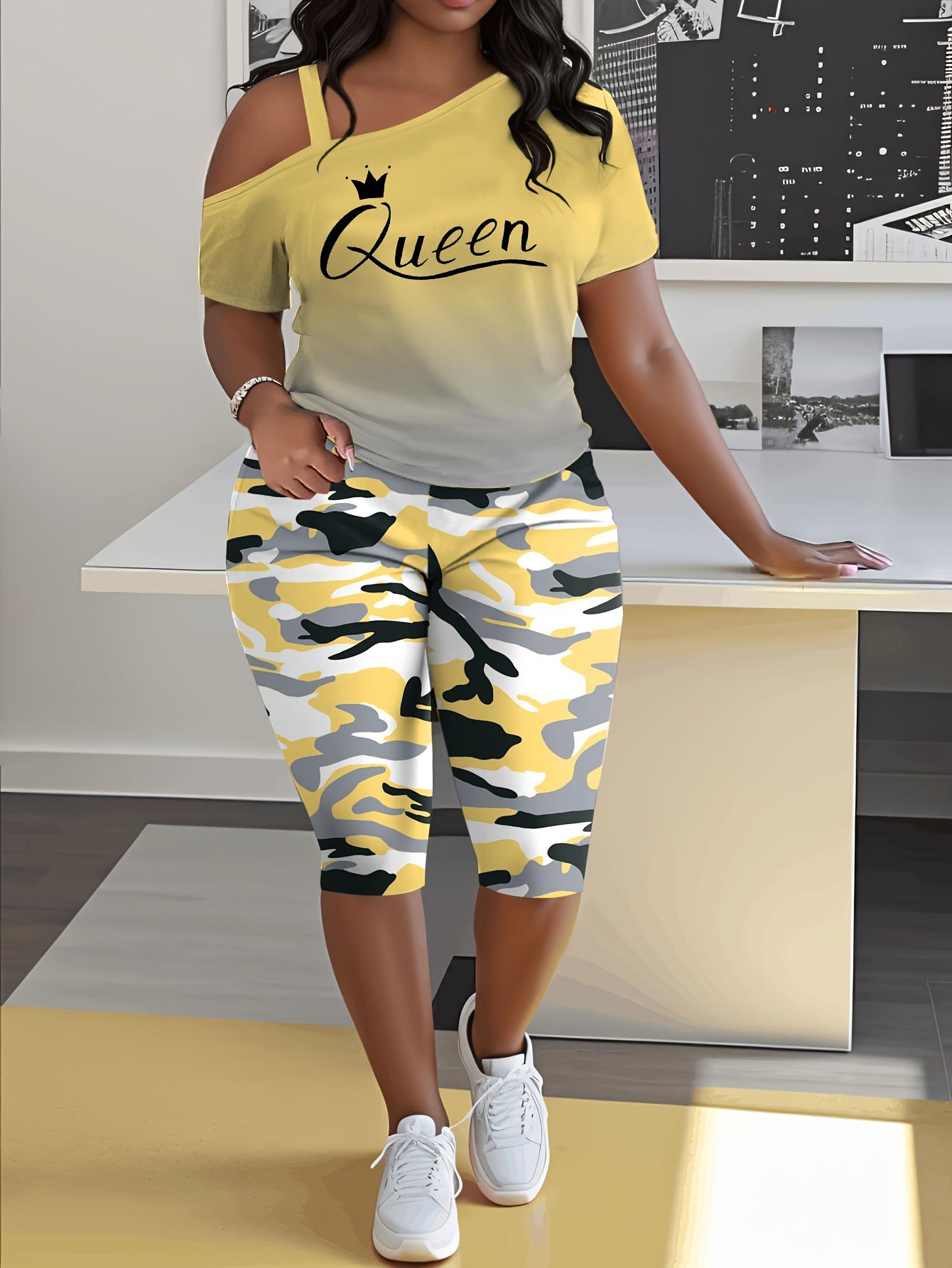 Women's 2-Piece Casual Chic Cowl Neck Shortsleeve Outfits - "Queen" Lettering Camisole, Camouflage Shorts, Casual Vacation Wear, Casual Chic Set