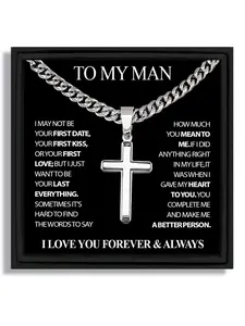 1 piece Valentine's Day gift for boyfriend silver cross pendant Cuban chain necklace with blessing card and box