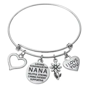 Nana Charm Bracelet – Silver Plated Adjustable Bangle with Heart & Daisy Charms