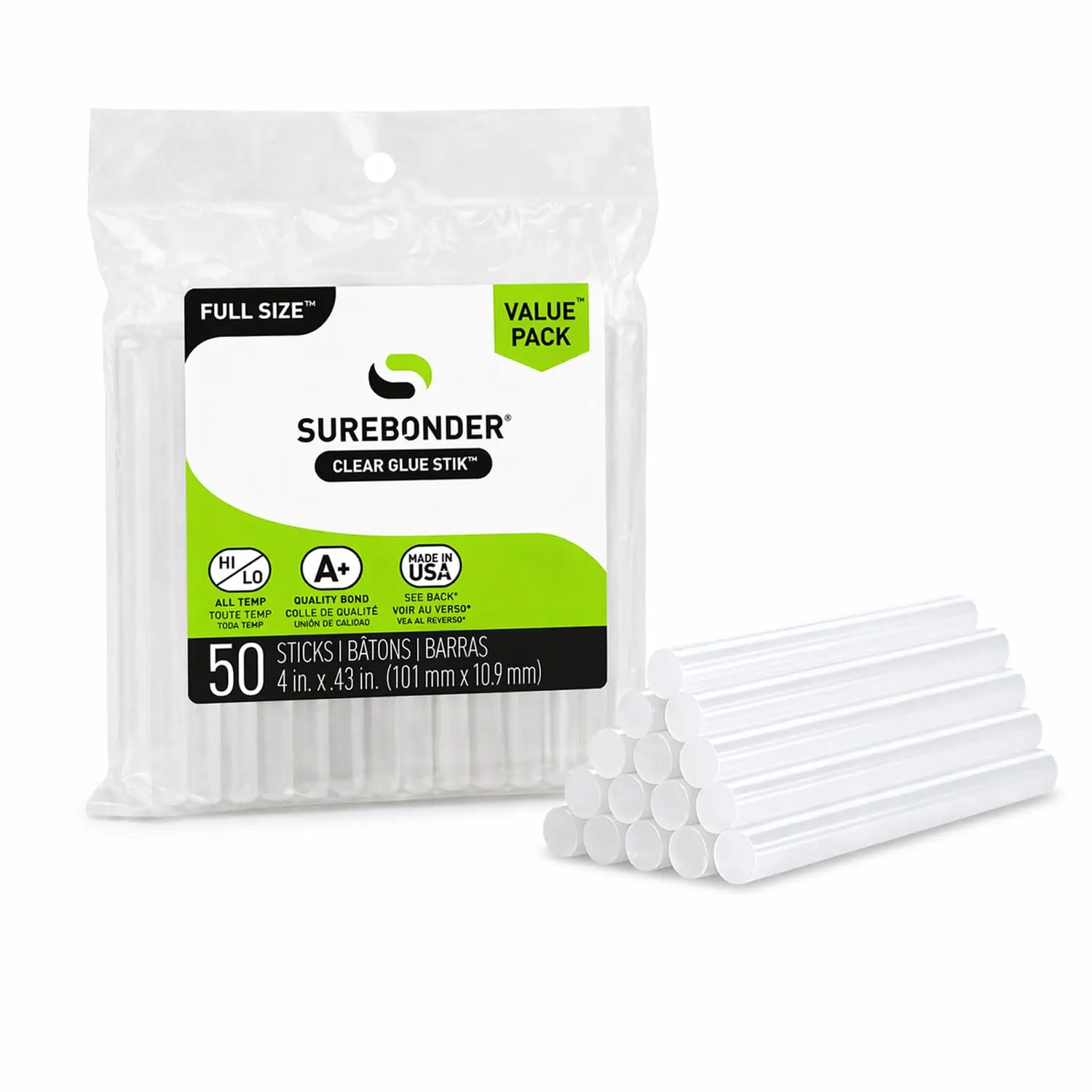Surebonder Full Size Hot Glue Sticks 50-Pack, Clear, Non-Toxic, Multi-Temp, 4-Inch x 0.43-Inch for Full Size Glue Guns, DIY, Arts, Crafts & Home Repairs