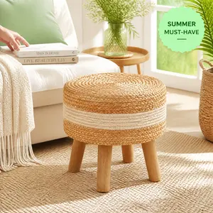 Natural Handwoven Water Hyacinth Round Stool, 4 Solid Wood Legs Ottoman Footrest, Multi-Color Handcrafted Woven Accent Stool, Farmhouse Shoe Changing Bench for Entryway Bedroom Living Room Indoor Home Decor