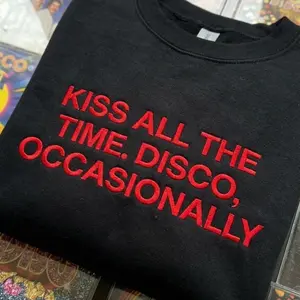 Embroidered Kiss All The Time Disco Occasionally Crewneck Sweatshirt, T-Shirt and Hoodie , Harry Inspired , Final Tour Merch, Aesthetic Harry’s House Shirt, Retro Disco Music Fan Gift
