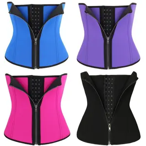 Women's Sports Neoprene Waist Trainer with Buckles & Zipper Flat Belly Compression Abdomen Support Shaper in Blue Purple Pink Black