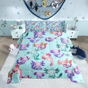 Cartoon Axolotl Comforter Set Cute Purple Blue Wildlife Animal Bedding Set for Girls Teens Bedroom Decor Green Polka Dots Sea Creature Soft Chic Quilted Duvet