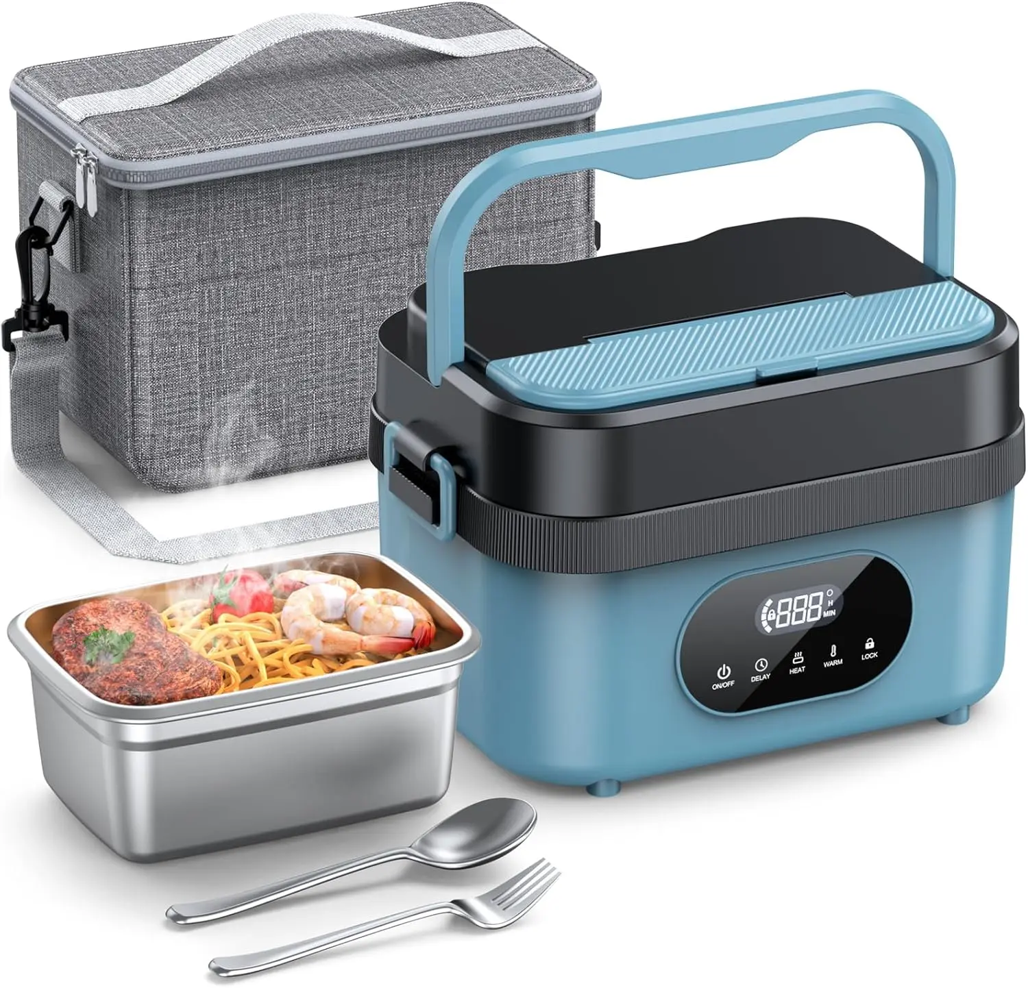 Cordless Electric Lunch Box, 18000mAh Rechargeable Self-Heating Lunch Box Food Warmer, 1.5L Portable Heated Lunch Container for Adults, Leakproof for Work, Office, Camping & Travel, Blue-Black