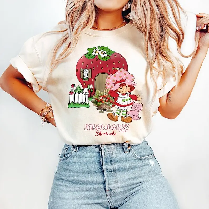 Cute Strawberry Shortcake Graphic Tee, Vintage 80s Cartoon Character Tee, Cottagecore Style Tee, Casual T-Shirt For Everyday Wear, Comfortable, Unisex