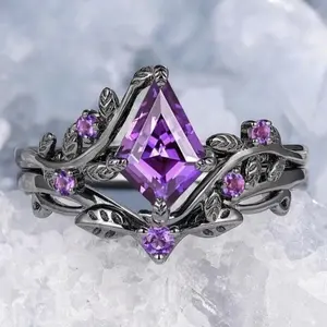 European and American new fashion branches cross shape purple zircon inlaid personality light luxury women's ring