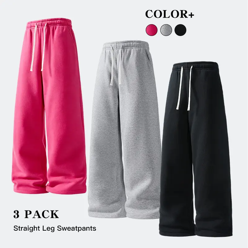 3‑Pack Classic Solid Unisex Straight Leg Sweatpants Elastic Drawstring Wide Leg Track Pants with Pockets for Home Relax Jogging Travel Errands