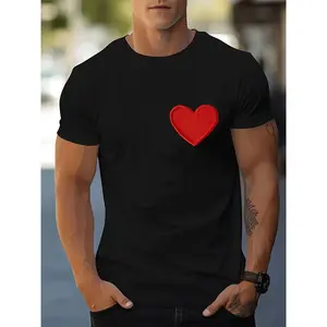 Crew Neck Men's Fashion Casual Trendy Short Sleeve T Shirt with Red Heart Pattern Adults Men Street Style Outfit Suitable for Casual Wear Daily Outings and Summer Fashion.