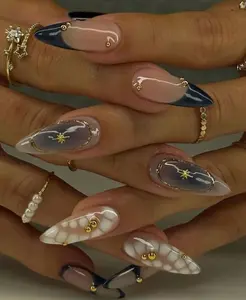 24 pcs Acrylic Press on nails (white blue and gold design)