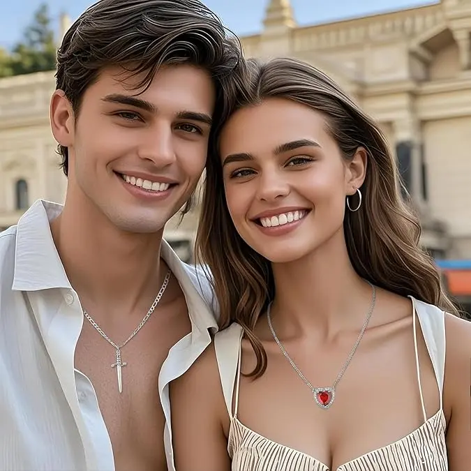 Dainty Heart & Zirconia Dagger Cross Pendant 2-Piece Necklace Set for Couple Friendship,Best Friend or Wife, Sword Pendant Matching Necklace for Him Her Valentine's Day Gift Jewelry couple gift and Gift to Partner