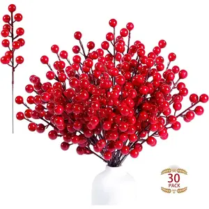 30 Berry Stems Artificial Holly Berries for Christmas Tree Decorations, Wreaths, DIY Crafts, Holiday & Home Decoration Supplies