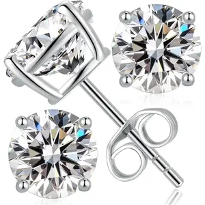 Moissanite Stud Earrings 18K White Gold Plated Sterling Silver Stud Earrings for Women Men Hypoallergenic Round Cut D Color Clarity Lab Created Simulated Diamond Earrings 0.3-2ct Screw Back Push Back