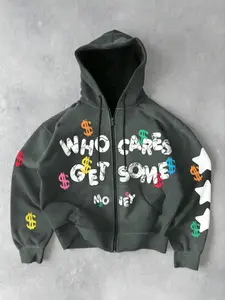 Tiktok Trendy Letter Pattern Zipper Fitted Hoodie, Vintage Streetwear Essential, Casual & Modern Style, Must-Have Millennium Aesthetic Item