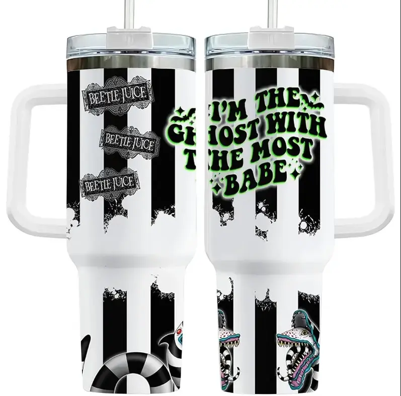[Horror Collection] Beetlejuice 40oz/20oz Tumbler with Handle & Straw, Stainless Steel Double Wall Vacuum Insulated Travel Mug, Horror Characters Movie Design, Keeps Drinks Hot & Cold, Fits Car Cup Holder, Gift for Horror Movie Lovers
