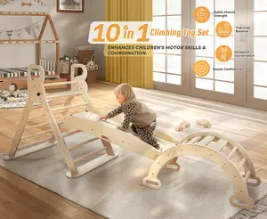 Pikler Triangle Set Toddler Climbing Toys Indoor 10in1 Foldable Baby Climbing Toys with Rainbow Bars and Car Accessories for Playroom