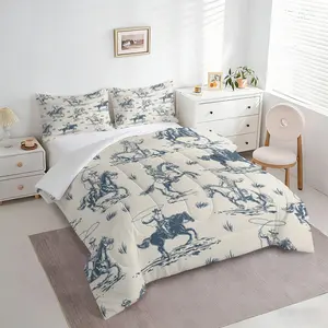 2/3Pcs Western Cowboy Print Comforter Set, Quilt Bedding Set with Pillowcases, Soft Lightweight, Blue Sketch Style, Ideal for Bedroom, Dorm, Western Farmhouse Decor, Perfect Gift for Cowboy Lovers