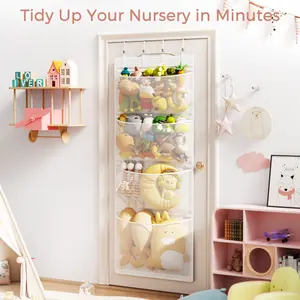 Criusia Hangable Over-The-Door Stuffed Animal Storage Organizer with 4 Large Mesh Pockets, Space-Saving Home Organizer for Kids Room, Nursery, Ideal Gift for Playroom Storage Needs Gift Hangable