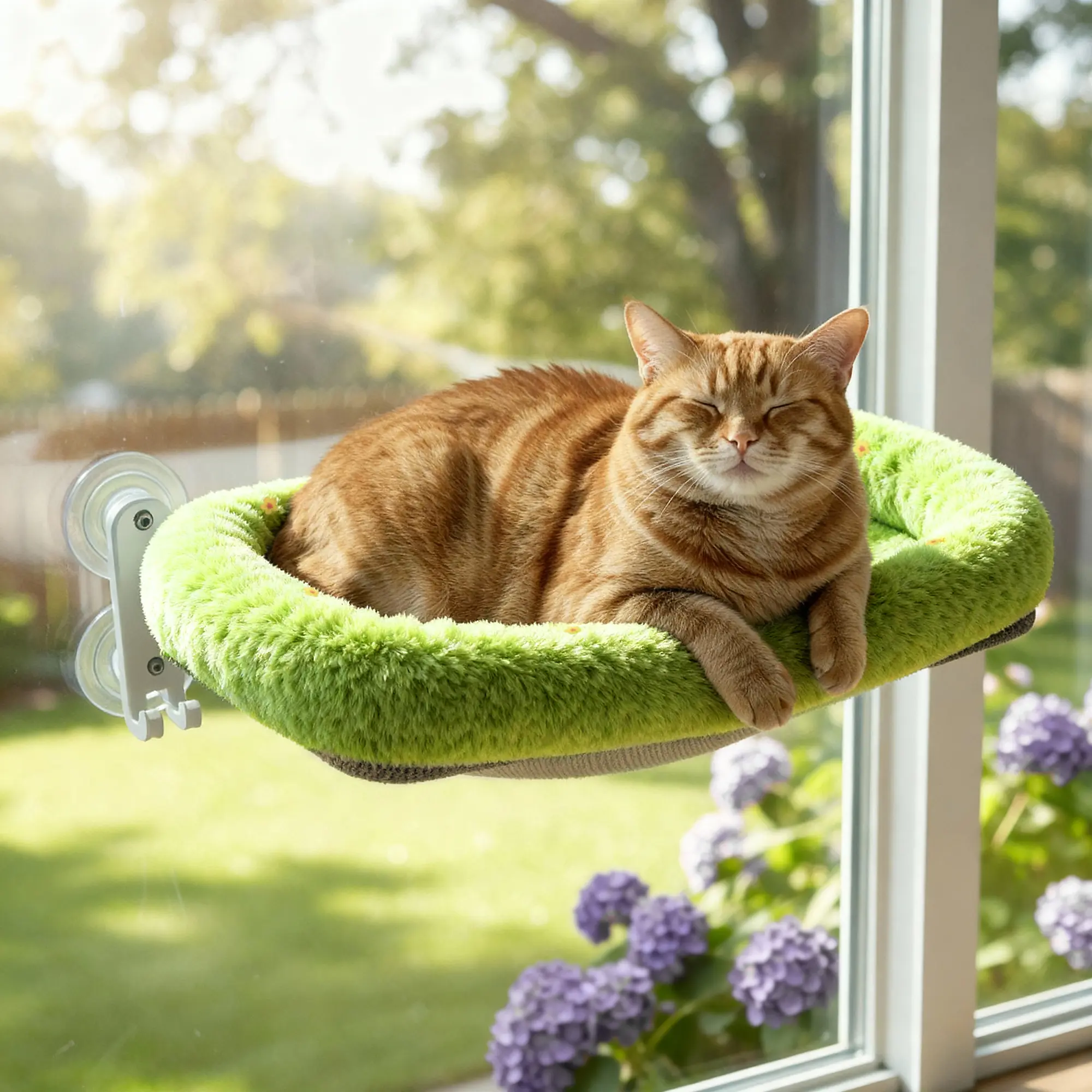 POMESEA Nylon Mesh Folding Window Hammock - Cordless Relaxing Bed, Robust Metal Frame, Strong Suction Cups, Easy Machine Wash, Window Perch for Cats and Small Dogs