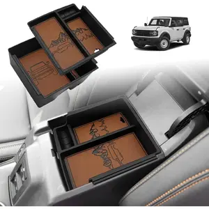 Center Console Organizer for 2021-2024 Ford Bronco (Excluding Sport), 6th Gen Bronco 2/4-Door, ABS Material with Leather Trim (V2_Brown), Center Console Storage Box