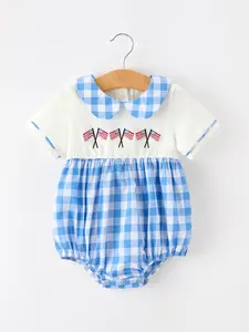 Rylee Faith Designs Baby Boys 4th of July Romper Flag Embroidered Short Sleeve Plaid Bubble One Piece with Petal Collar for Baby Boys Independence Day Parade Fireworks Picnic Family Photoshoot Summer Holiday Infant Clothes Boutique Baby Fashion Style