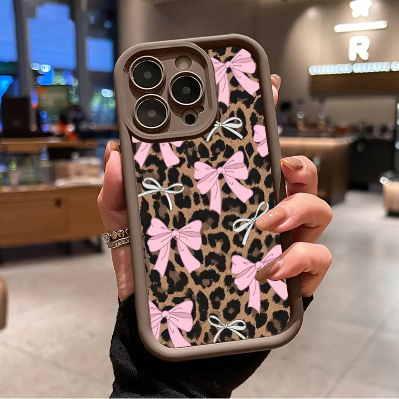 Soft Silicone Phone Case for iPhone 17 Pro Max, 16 Plus, 15, 14, 13, 12, 11, Air E - Fashion Bowknot Leopard Pattern, Drop Protection, Shockproof Mobile Phone Accessory Cover, Accessories, Iphone 13, Casing, Cellphone
