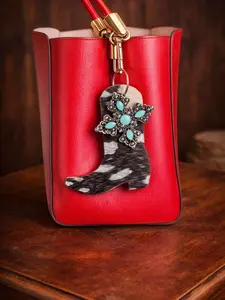 Hair on hide leather boot keychain W/ faux turquoise concho