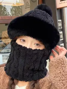 Solid Color Pom Pom Decor Crochet Beanie Hat, Unisex Casual Warm Thickened Face Mask Hat for Fall & Winter, Fashion Accessories for Women & Men