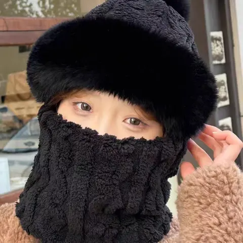 Solid Color Pom Pom Decor Crochet Beanie Hat, Unisex Casual Warm Thickened Balaclava Mask Hat for Fall & Winter, Fashion Accessories for Women & Men