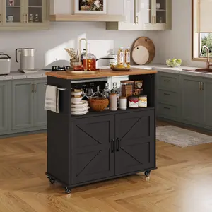Kitchen Island Cart with Cabinet & Wood Top, 6 Drawers Towel Rack Lockable Wheels, Moveable Storage Solution for Kitchen Dining Room