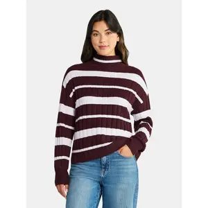 Time and Tru Women's Ribbed Mock Neck Sweater – Lightweight Stretch Knit Pullover Top, Fall Winter Fashion, Sizes XS–XXXL