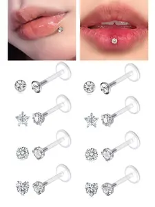 8PCS 16G Clear Push Top Piercing Retainers Earrings For Work, Bioflex Lip Rings Labret Helix Tragus Medusa Monroe Retainer For Women Men 6-10mm Bar Length