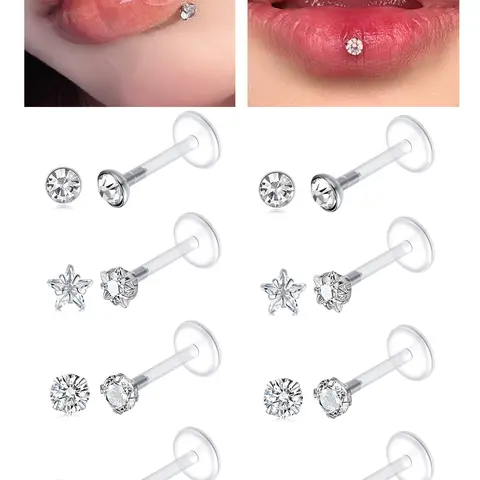 8PCS 16G Clear Push Top Piercing Retainers Earrings For Work, Subtle Jewelry, Bioflex Lip Rings Labret Helix Cartilage Piercing Tragus Medusa Monroe Retainer For Women Men 6-10mm Bar Length