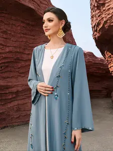 Women's Handmade Rhinestone Blue Open Front Cardigan, 1 Piece, No Inner Layer Included, Stylish Outerwear for Women