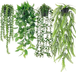 Four-Piece Set of Realistic Artificial Hanging Plants: Featuring Faux Ivy Vine, Eucalyptus, Boston Fern, and String of Pearls for Bohemian Home, Wall, Shelf, Indoor, and Outdoor Decor