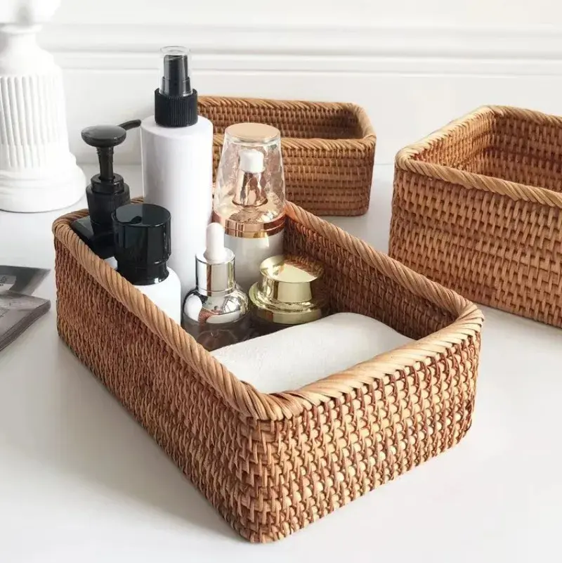 Hand-woven Rattan Wicker Basket Rectangular Storage Box Kitchen Supplies Minimalist Boho Home Decoration Accessories Decorative Woven Organizer
