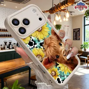 Cute Floral Highland Cow Pattern Case for iPhone 17 16 15 14 Pro Max 13 12 11 XR XS Plus Air Slim Shockproof Anti Drop Protective Durable TPU Cover