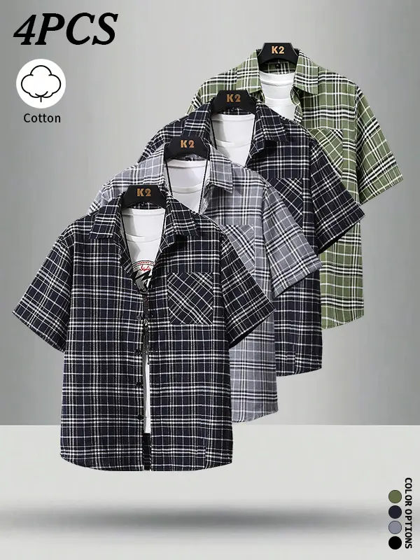 4-Pack Men’s Summer Casual Cotton Plaid Shirts — Four plaid color combinations eliminate outfit dilemmas. Breathable, skin-friendly fabric suitable for picnics, walks, and shopping; satisfies various everyday outdoor wear needs.