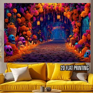 1pc 2D Flat Large Mexican Day of the Dead Wall Backdrop - Vibrant La Catrina Floral Sugar Skull & Candles Party Decorations in Purple, Orange, Pink, Blue, Yellow, for Living Room, Bedroom, Banners Ornaments Flower White