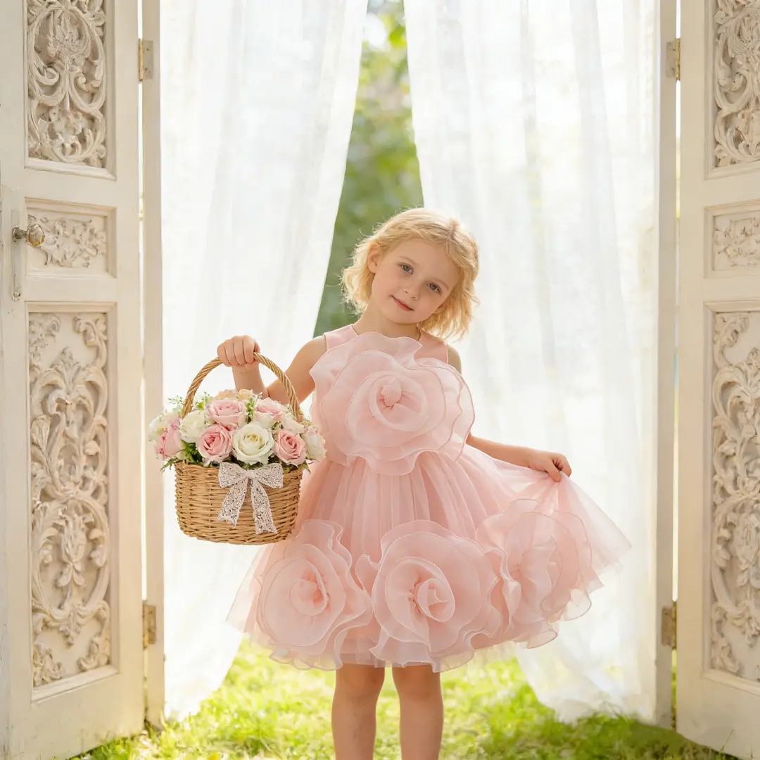 3017 Sweet pink girl dress birthday gift birthday party big flower unique design elegant and high-end dress dress