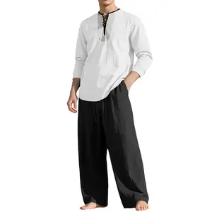 Men's 2-Piece Linen Suit - Natural, Soft Long Sleeve Henley Shirt & Wide-Leg Pants, Matching Striped Loose-Fit Breathable Set for Beach, Summer Lounge