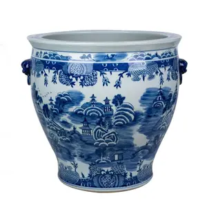 Blue and White Mountain Pagoda Porcelain Planter with Lion Handle